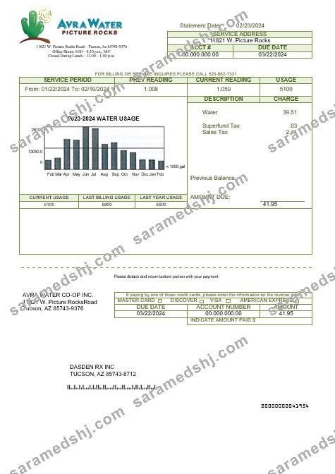 USA Arizona Avra Water business utility bill template in Word and PDF formats